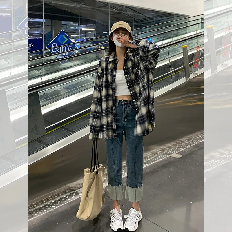 Autumn All Match Plaid Shirts for Women Korean Fashion Button Up Oversized Shirt Woman 2023 Aesthetic Loose Blouse Female