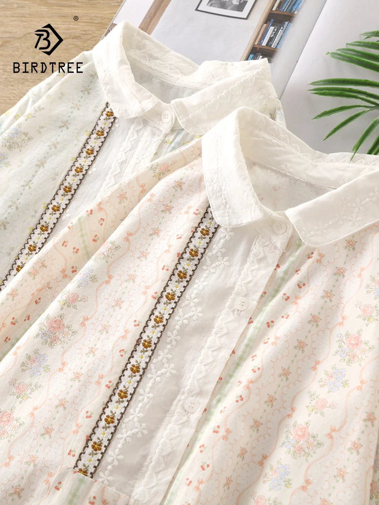 

New 2025 Spring Cotton Long Sleeve Shirt, Women Turn-down Collar Lace Embroidery, Mori Girl Retro Print Loose Blouse T53431CC