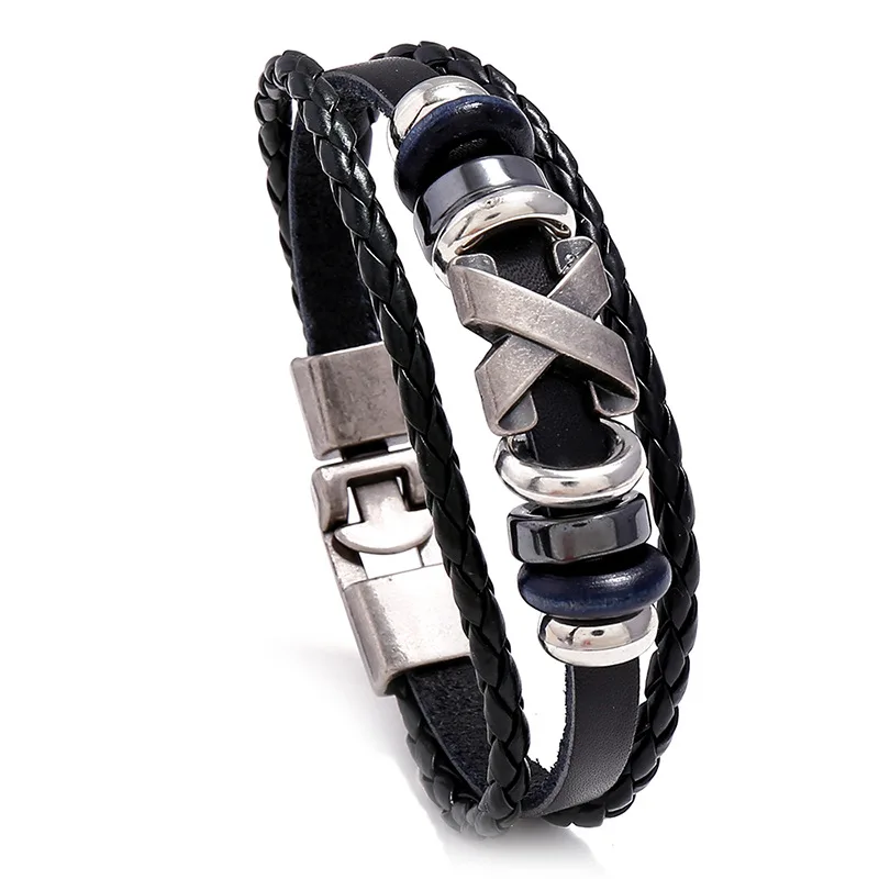 Classic Vintage X Stud Leather Bracelet Fashion for Men Beaded Alloy Buckle Bangle Casual White Brown Black Men's Bracelet