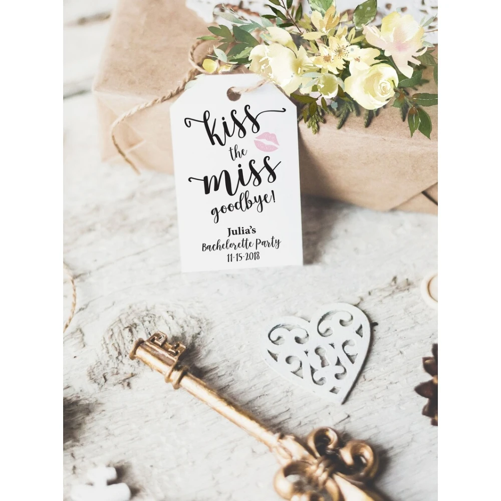 25 Custom Bridal Shower Favor Tags, Kiss the Miss Goodbye Favors for Bridal Shower Miss to Mrs Bachelorette Favor Tags Shower