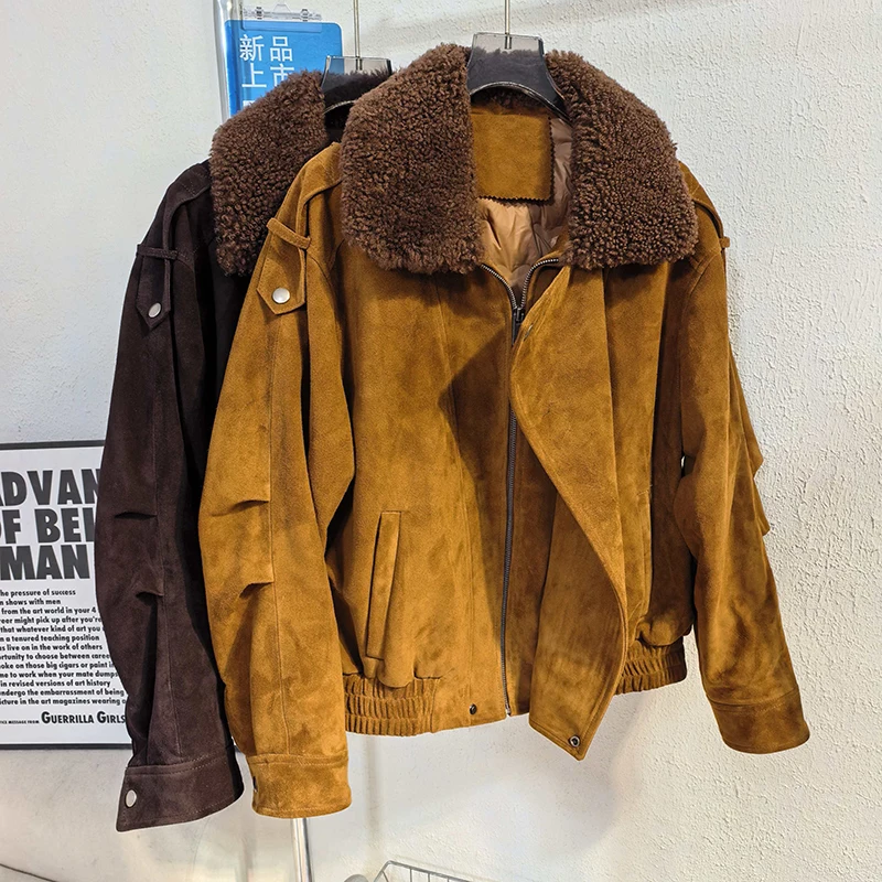 ملابس الشتاء امرأة القهوة/الكراميل الرجعية التلبيب سستة الصوف طوق فضفاض موضة جلد الغنم سترة من جلد الغزال أوزة أسفل معطف الإناث #1