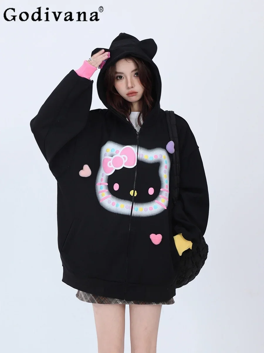 Autumn New Fashion Cat Cartoon Sweatshirts Girly Sweet Cute Kawaii Loose Slimming Student Y2k Hoodies Women Elegant Clothes