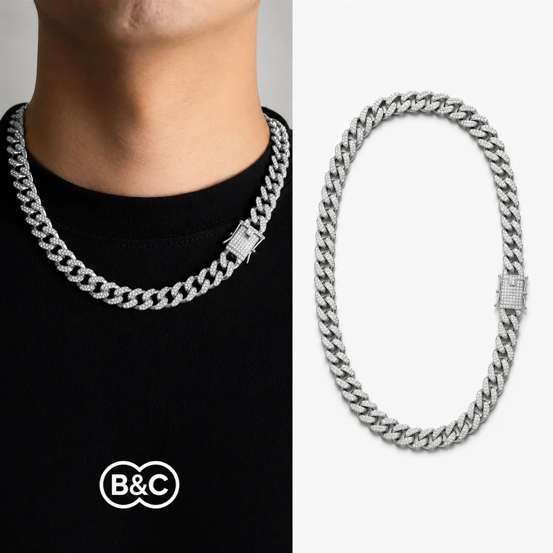 B&C Iced Out Cuban Link Chain Necklace Men Silver Tone CZ Miami Hop Jewelry 18/20/24 Inch