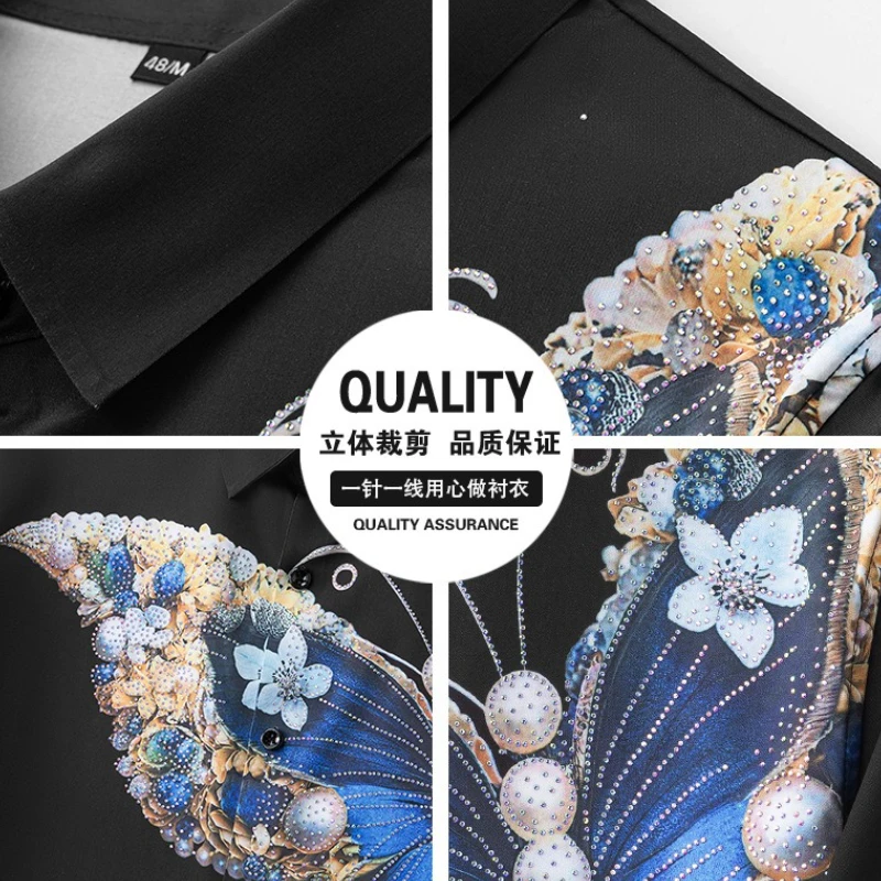 Luxury Rhinestone Shirt for Men Printed High-quality 3D Butterfly Print Long Sleeved Casual Shirts Business Social Party Blouse