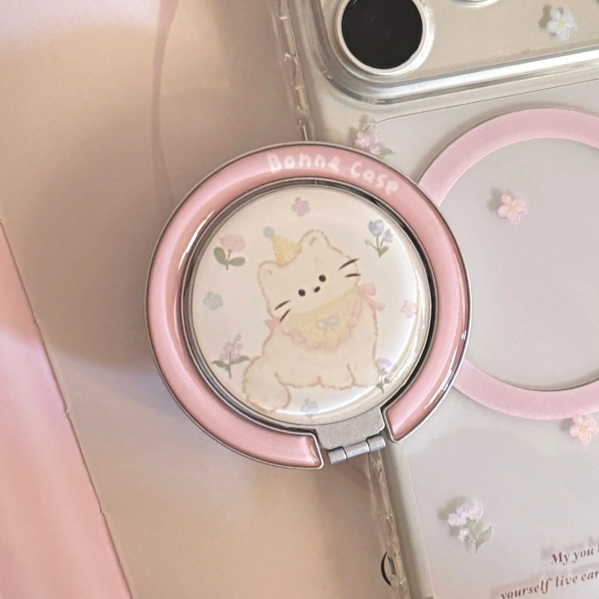 

Pink Cat Magnetic Phone Grip Holder Bracket Portable Phone Desktop Stand Folding Finger Socket Portable Cartoon Girl Cell Decor