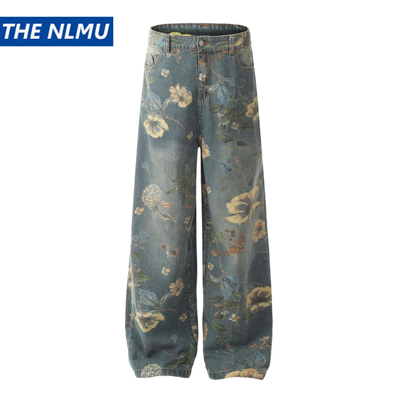 

2025 Vintage Flower Printed Jeans Men Streetwear Hip Hop Loose Denim Pants Y2K Jeans Trousers Luxury Designer Clothing