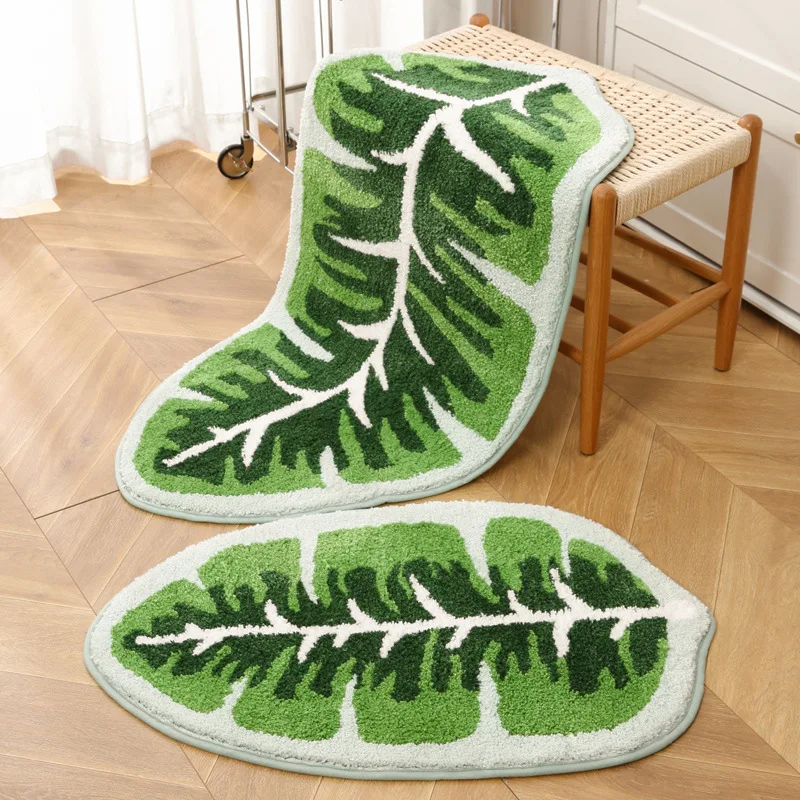 

Green Leaf Shape Palm Tree Tufted Rug Soft Plush Carprt Floormat Bedside Rug Room Decor Non-slip Absorbent Bathroom Floor Mat