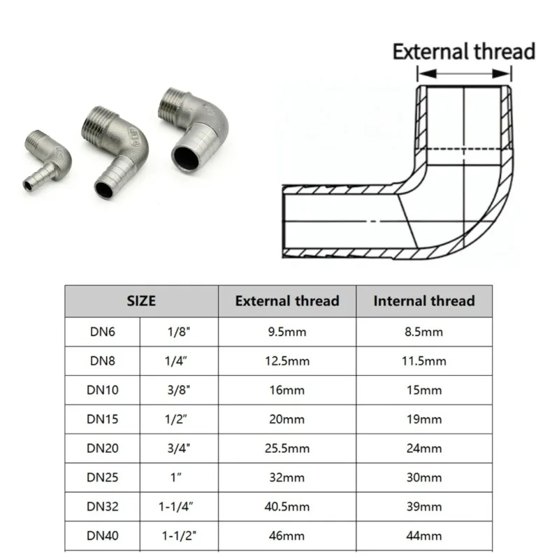 304 Stainless Steel 90° Male Hose Barb Elbow 1/8