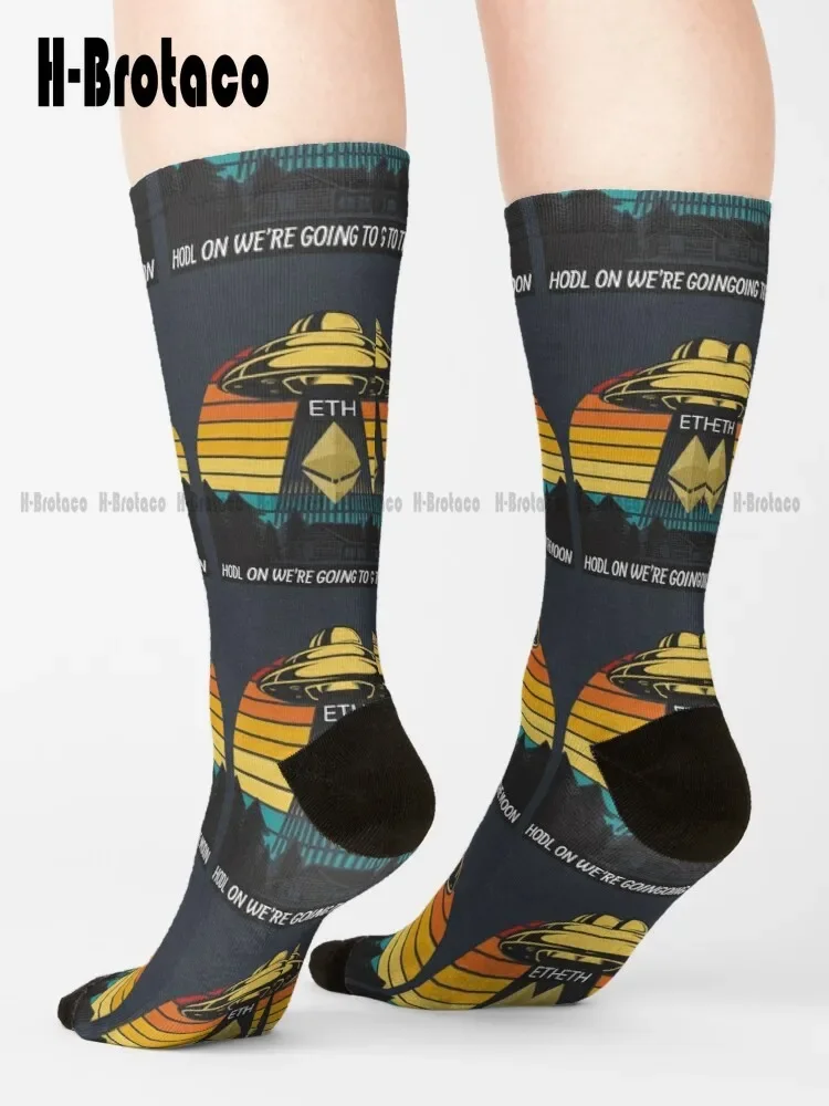 Ethereum Eth Hodl On We'Re Going To The Moon Chaussettes de football blanches pour hommes et femmes, chaussettes de sport, de skateboard, d'art