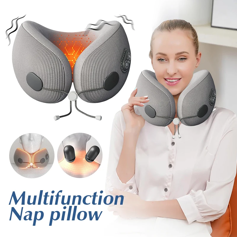 Almohada de viaje de masaje, almohada de masaje con calefacción para el cuello, almohadas de espuma viscoelástica en forma de U para el cuello, almohada de avión para dormir, cuidado de la salud Cervical