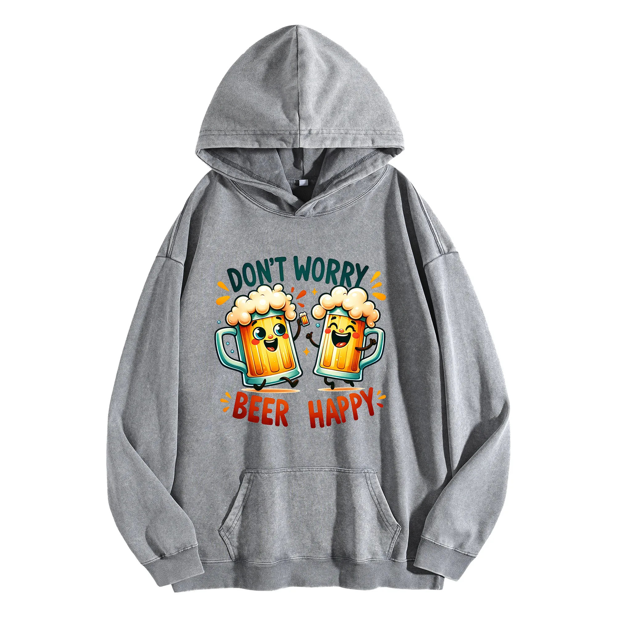 سترة بغطاء للرأس كلاسيكية مغسولة 400 جرام من BEER HAPPY للجنسين كبيرة الحجم ملابس الشارع الشهير خريف/شتاء إصدار عيد الميلاد والعام الجديد