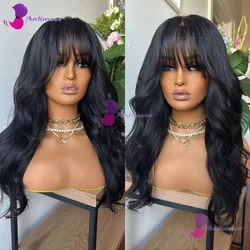 Jet Black Body Wave Human Hair Wigs With Bangs 5x5 PU Silk Base Closure Wig 200% Density Malaysian Remy Hair Wavy Wigs For Women