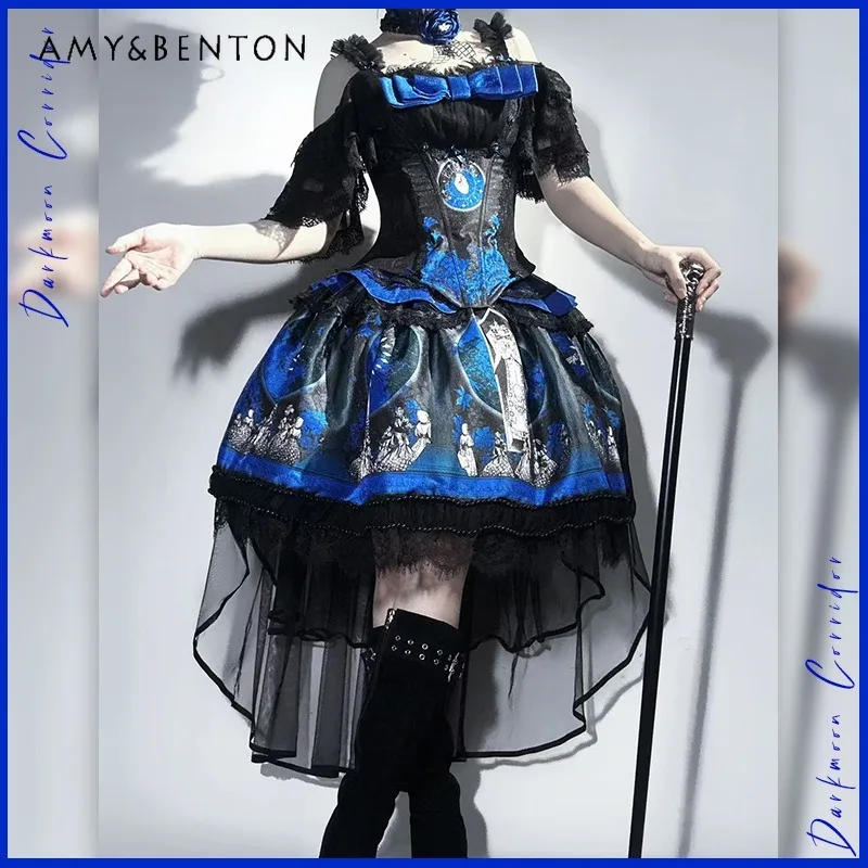 

Dark Gothic Original Lolita Set Retro Court Style Kawaii Print Puff Sleeve Fishbone Waist Top Patchwork Tutu Skirt Two-Piece Set