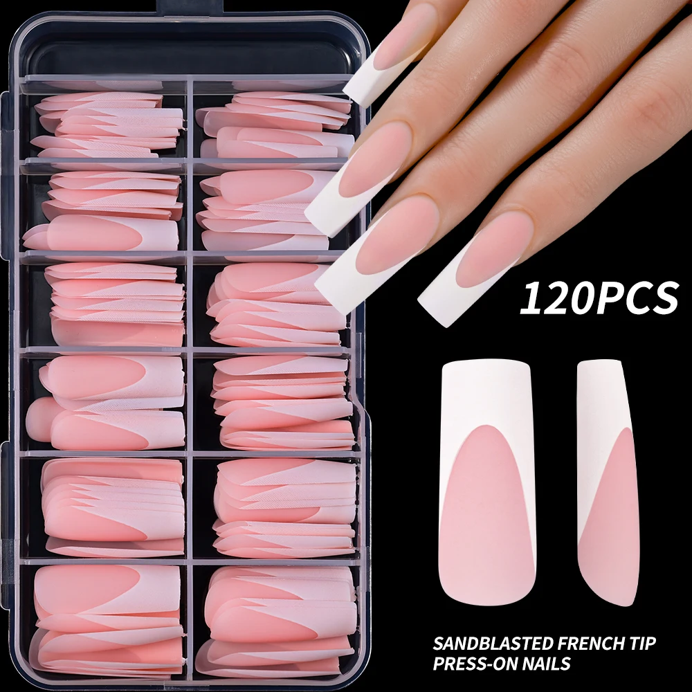 120PCS White French Tip Press On Nails Long Square Pink Nails Full Cover Fake Nail Set Summer Matte Gradient Nails Cute Nails *^