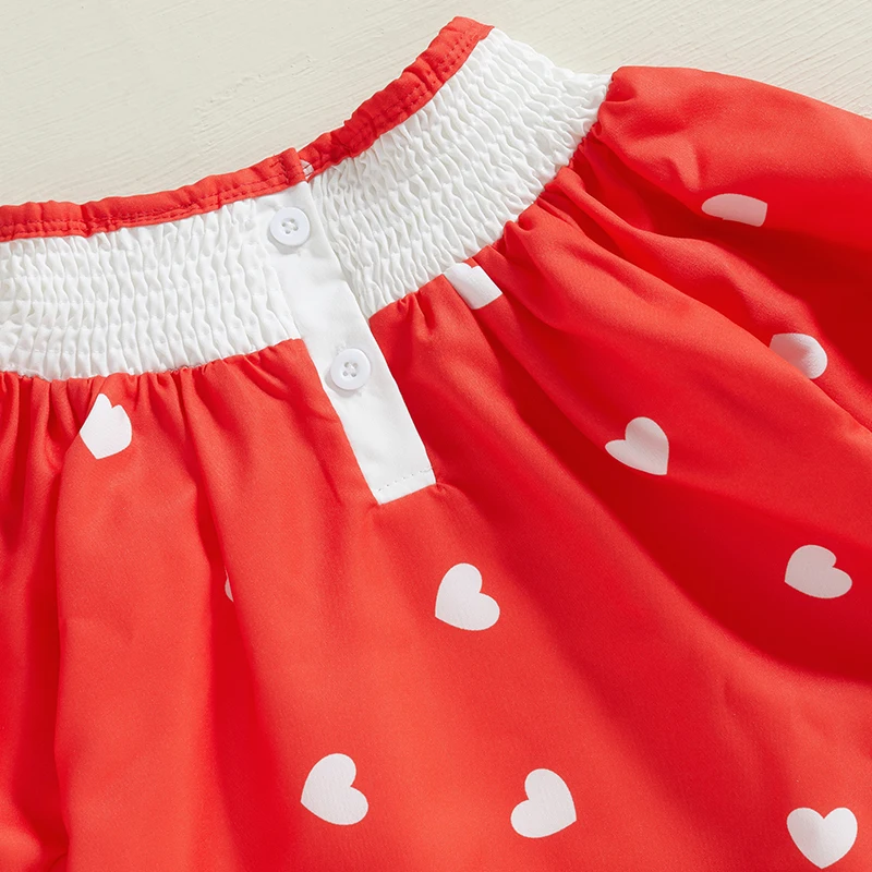 Roupa infantil de dia dos namorados para meninas, manga comprida, gola redonda, vestido com estampa de coração e faixa de cabeça combinando e conjunto de meia-calça