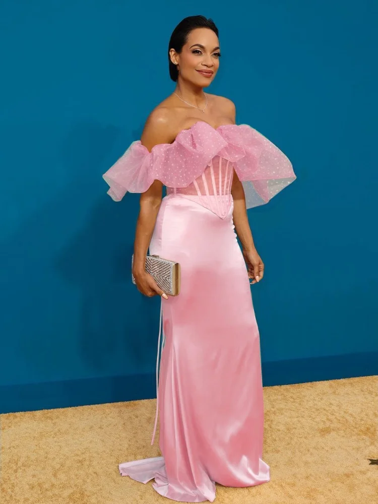 VC Evening Artful Luxury Pink Two Pieces Set Off The Shoulder Ruched  Corset Satin Mermaid Maxi Dress for Party Gala Gown