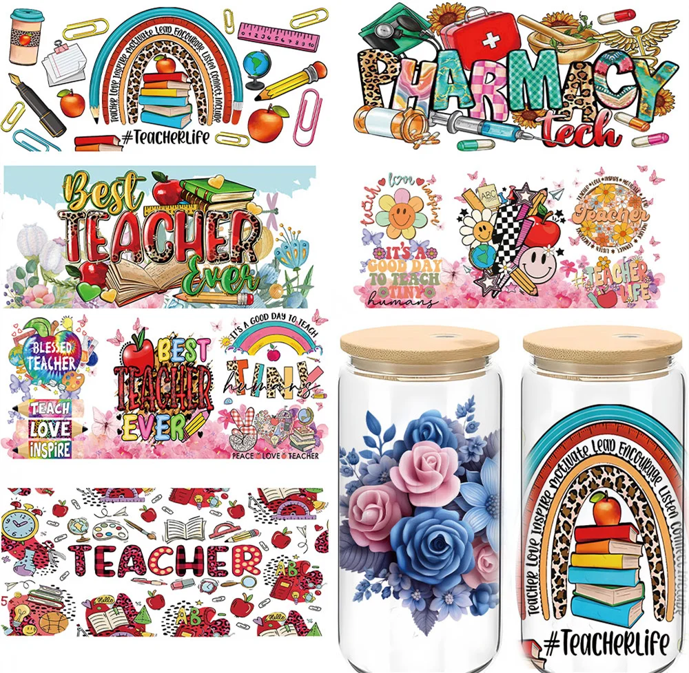 High quality wholesale UVDTF tumbler UC UV DTF cup bag 16 ounce transfer printing glass cup sticker teacher