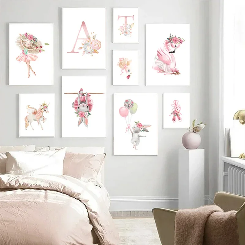 Modern Watercolor Pink Girl Rabbit Swan Nursery Wall Art Prints Canvas Painting Kids Bedroom Name Initial Letter Poster Pictures