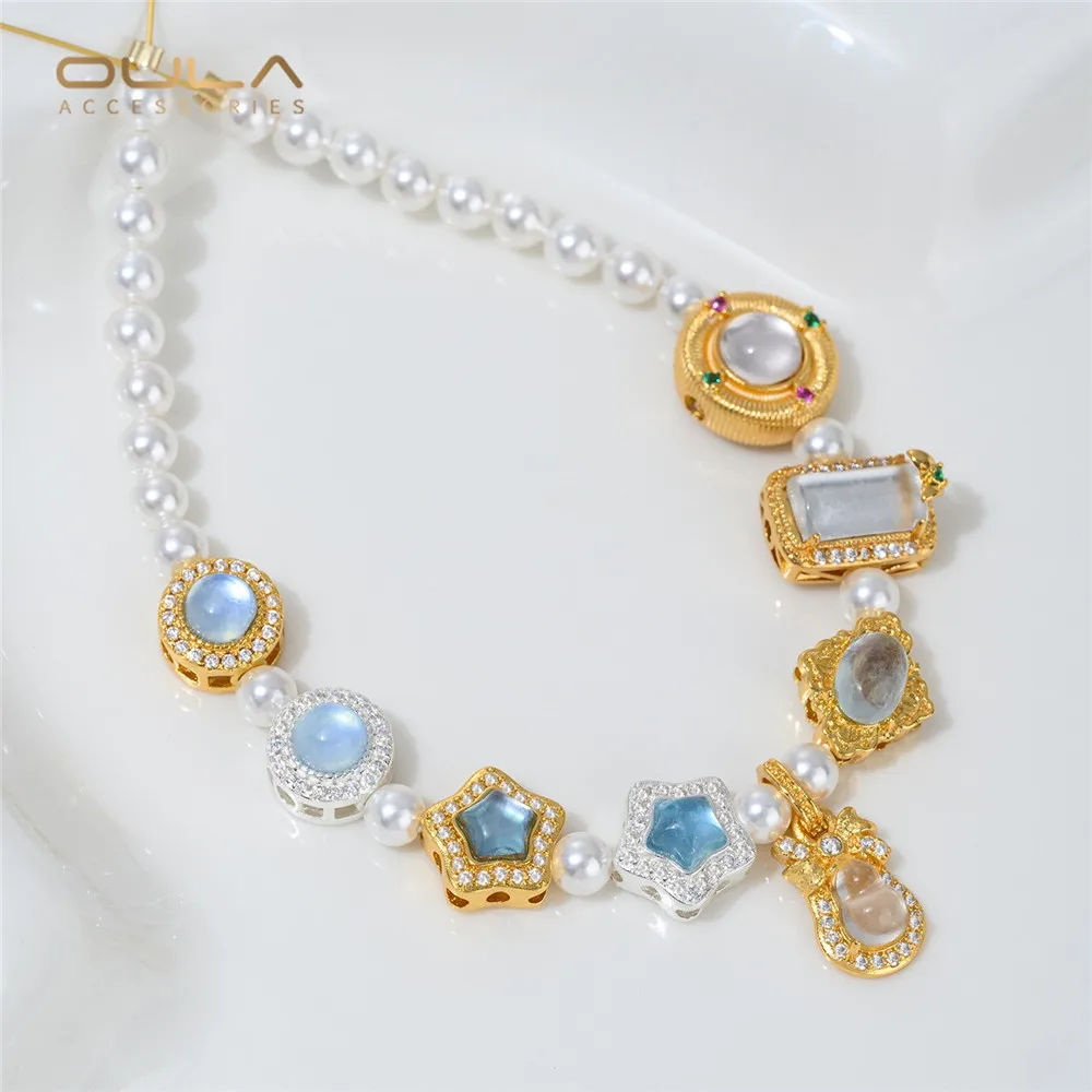 

1pcs Diy Jade Pendant with Natural Crystal Aquamarine and Porous Beads, Handcrafted Beaded Bracelet Material