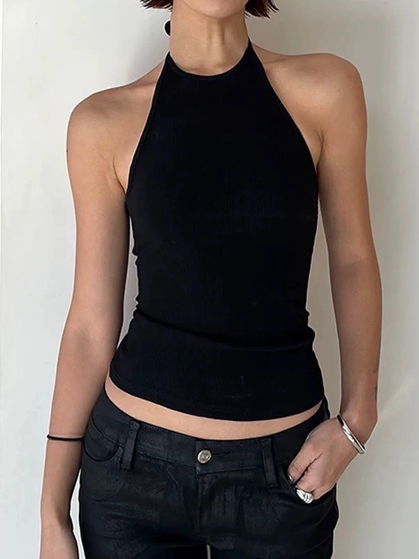 Fanan Fashion Débardeur court sexy uni sans manches dos nu à lacets pour femme, style streetwear, pour l'été et les vacances à la plage