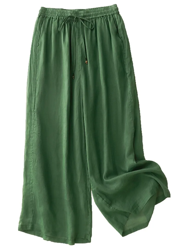 กางเกงขายาวผ้าลินินเนื้อบางเบาสำหรับฤดูร้อน ทรงขากว้าง สไตล์ลำลองสำหรับผู้หญิง ทรงตรง หลวม ใส่สบาย เอวยางยืดแบบผูกเชือก