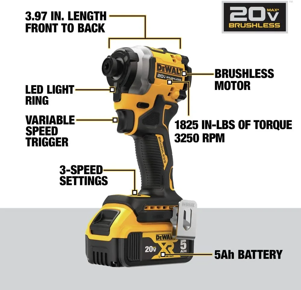 DEWALT DCF850N 20V MAX Аккумуляторная ударная дрель 205NM 1/4 дюйма Бесщеточный двигатель Перезаряжаемая 3-скоростная портативная электрическая