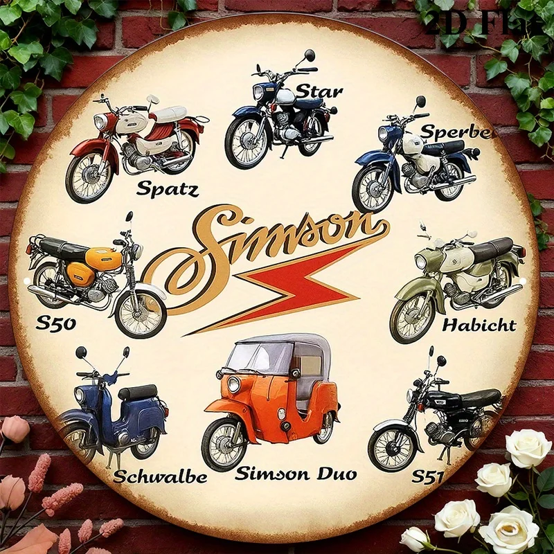 Une plaque décorative vintage liée aux « motos Simson », une plaque ronde en aluminium, idéale pour décorer les bars, les garages