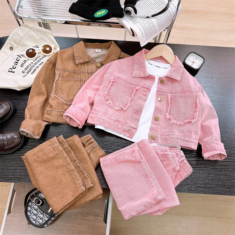 

Girls' 2024 Spring and Autumn New Suit Medium and Older Children's Fashionable Denim Jacket and Wide-leg Pants Two-piece Set