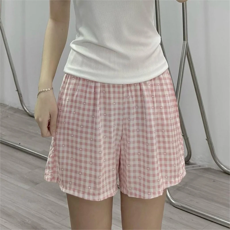 

High Waist Casual Sweet Loose Plaid Elastic Waist Home Shorts For Women