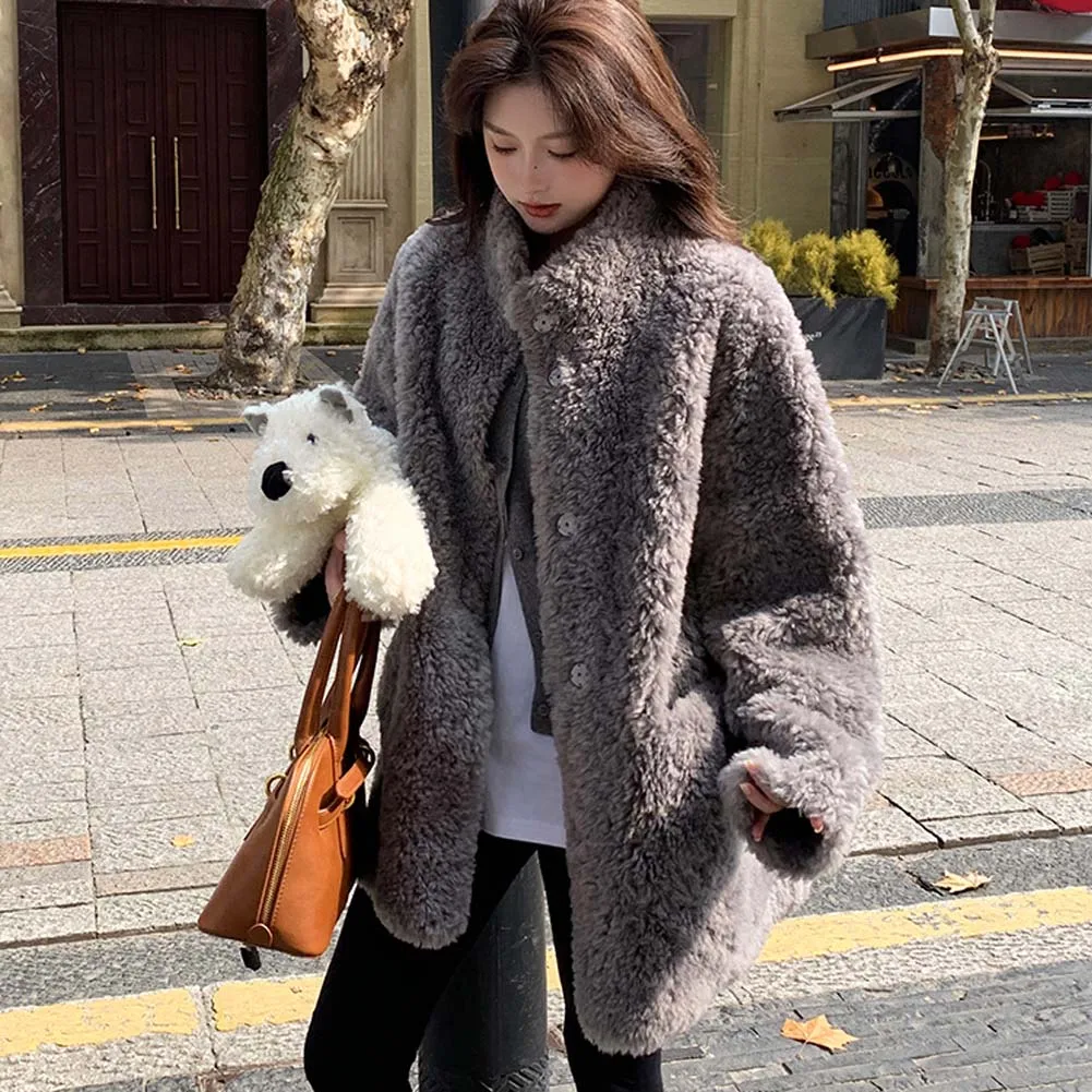 سترة نسائية من فراء الضأن الراقية متعددة الاستخدامات للنساء للخريف والشتاء سترة من فراء الضأن بأزرار فضفاضة #5