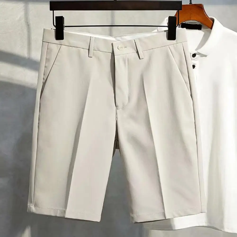 Men Straight Shorts Elegant Men's Business Suit Pants with Mid Waist Button Closure Knee Length Formal Office for A for Men