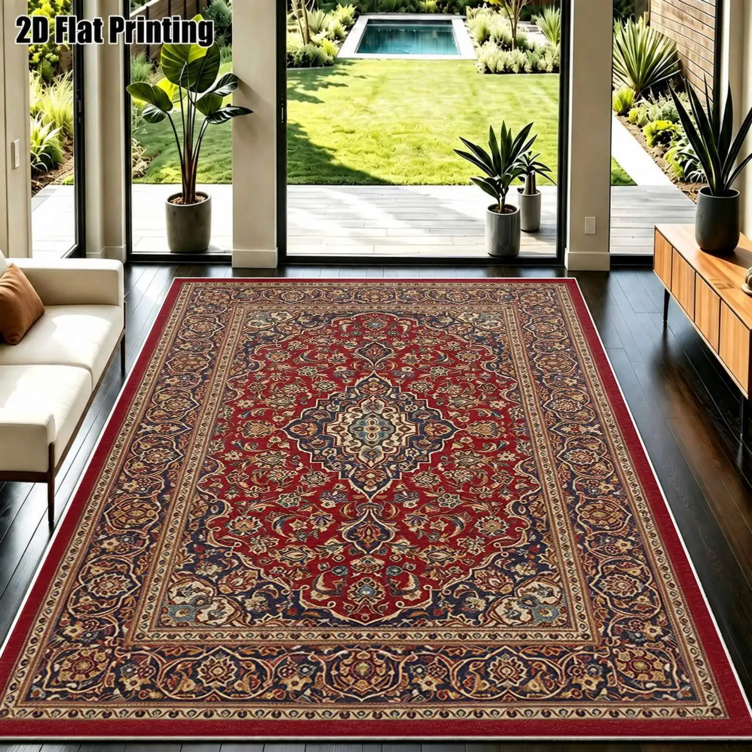 1Pc 2D Printed Velvet Carpet, Red Retro Floral, European & Bohemian Style, Machine Washable, Multi-Size for Home Decor