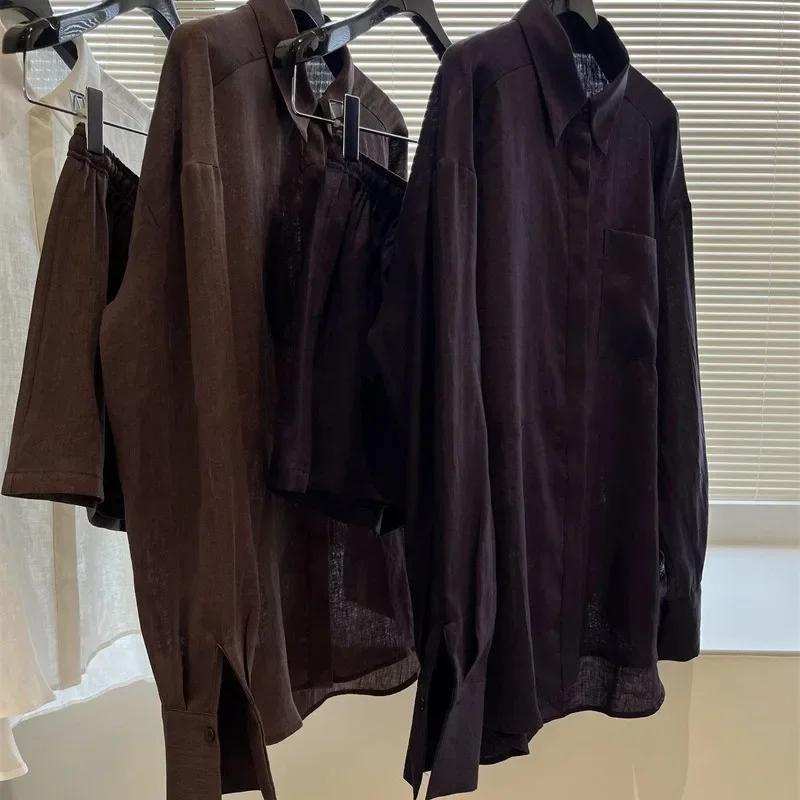 Summer New Simple and Breathable Linen Shirt Female Shorts Set Women Two Piece Suit