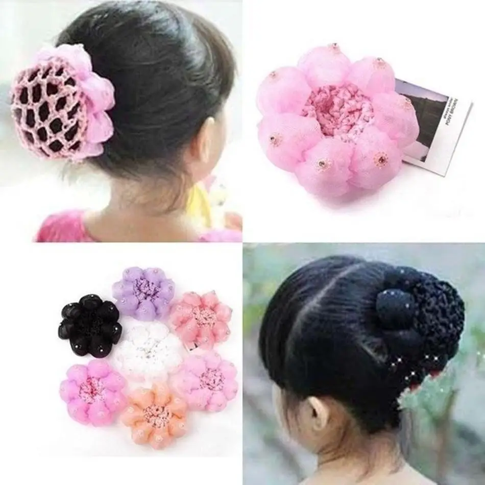 New 1Pc Colorful Satin Elastic Hairpin Set Crochet Hair Stick Dance Flower Hair Net Trendy Women Hair Circle Accessory Supplies