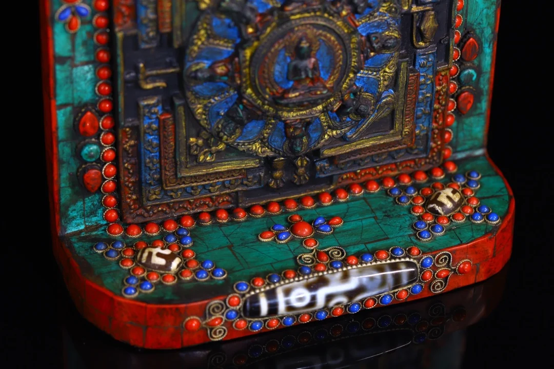 

9"Folk Old Bronze Mosaic Gem gZi Beads Turquoise Shakyamuni Dharma Wheel Buddhist Niche Worship Hall