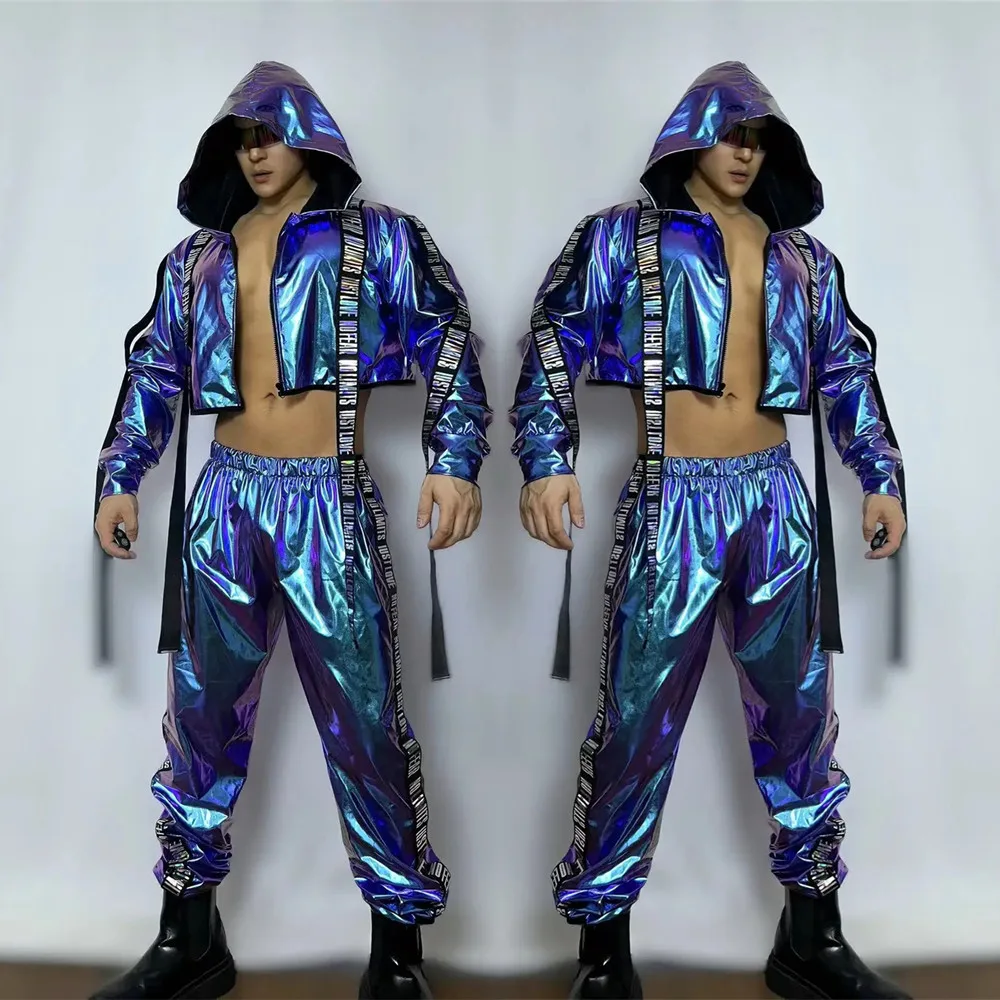 Męski Fioletowo-Niebieski Laserowy Zestaw: Bluza z Kapturem i Spodnie, Hip Hop Jazz Dance, 2 Części, Strój na Imprezę, Pokaz, Rave, do Klubu Nocnego, Baru, dla Piosenkarza