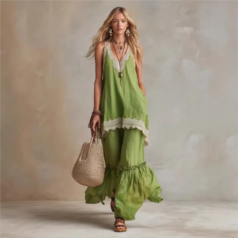 

Women Vintage Boho Vacation Summer Solid Two Piece Set Casual Lace Trim V-Neck Sleeveless Loose Vest Top With Ruffle Skirt Suit