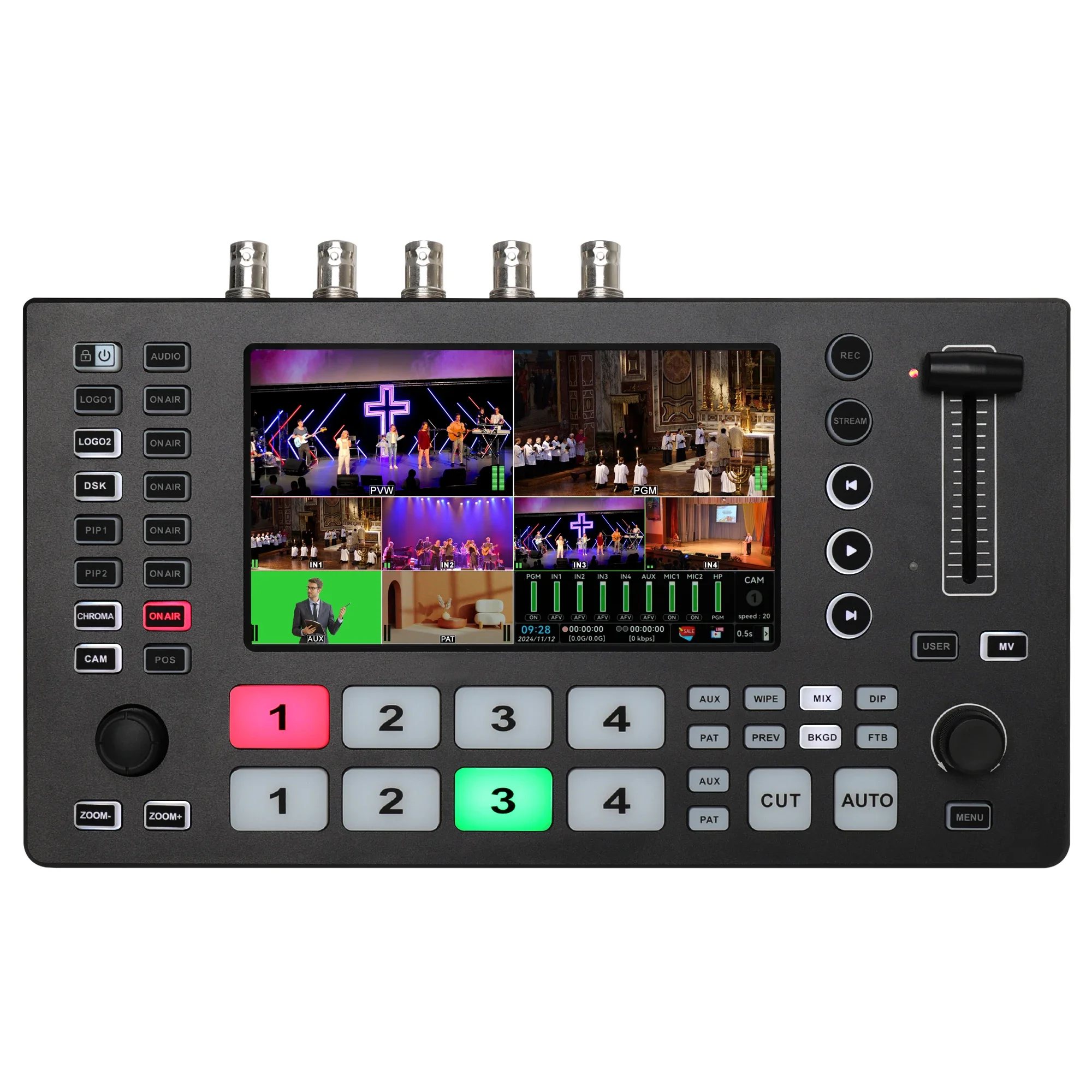 4K SDI HDMI Video Mixer Switcher, 5.5 Inch FHD LCD Screen, 5-channel 4K 60FPS Input, 1080p 60FPS Output,PTZ Control M4