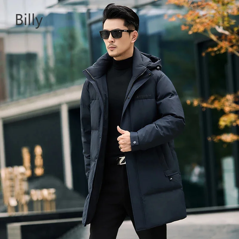 Milk Silk Men's Winter Long Down Jacket Removable Hat 2025 Designer Clothes Men Duck Padding Padded Male Coat