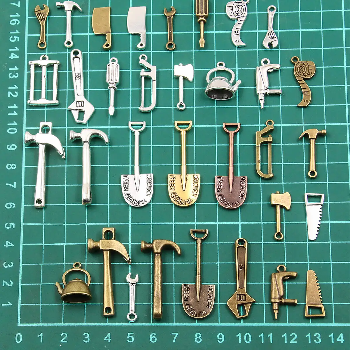 10PCS Mix Styles Color Mixed Alloy Daily Necessities Charms For Jewelry Making DIY Handmade Teapot Shovel Hammer Wrench Pendant