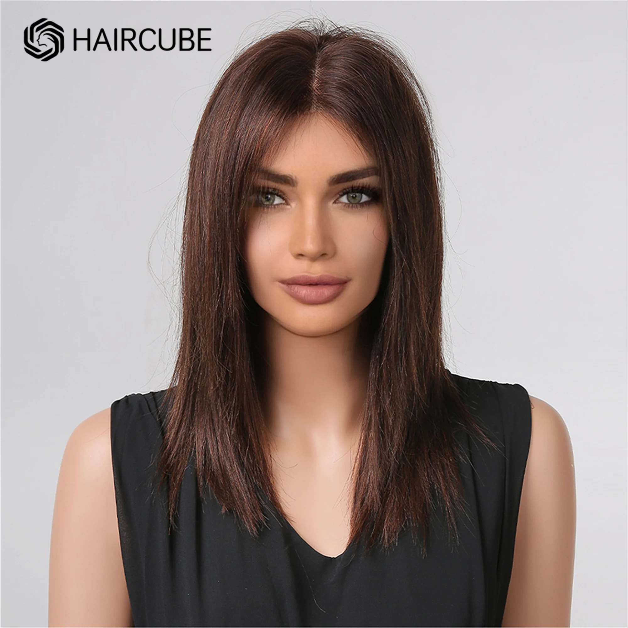 HAIRCUBE Chestnut Brown Shoulder Length Long Lace Front Human Hair Wig Middle Part Fluffy Straight Remy Hair Wigs for Women