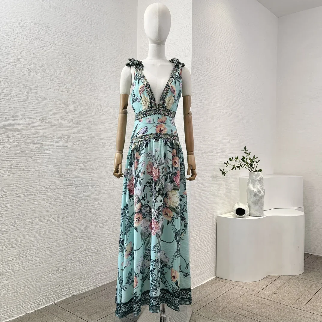 2024 Summer Women Maxi Dress Sky Blue Backless Floral Print Sleeveless Deep V Neck Diamonds Pressed New Arrival for Holiday