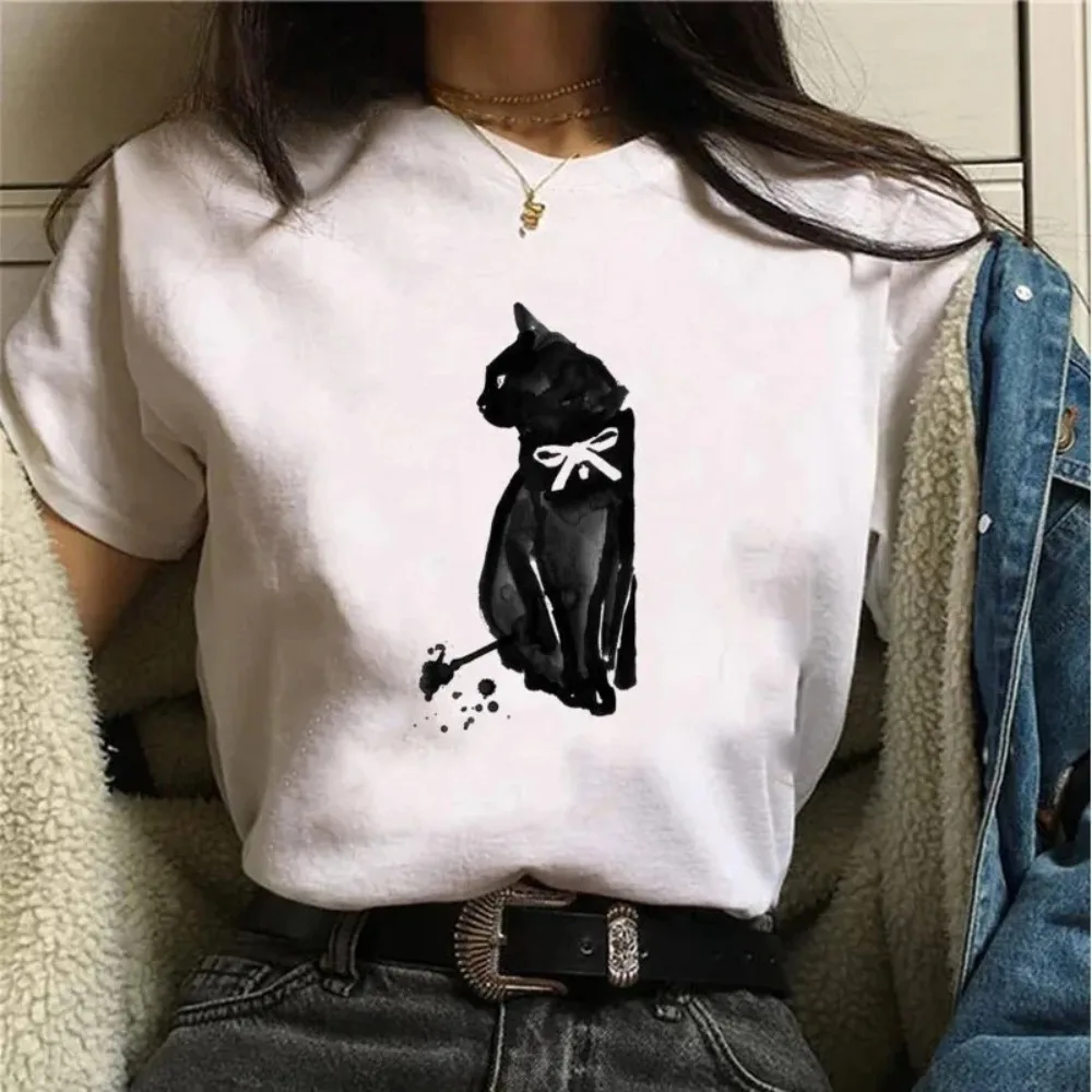Schönes Katzen-T-Shirt für Frauen, Schwarzes Katzen-Print-T-Shirt, Harajuku-T-Shirt für Frauen, Lässige Mode, Harajuku Kawaii Y2K Kleidung – Detail 6