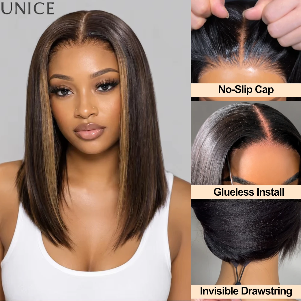 UNICE Espresso Brown With Highlights Straight Bob Wig Human Hair 7x5 Lace Glueless Drawstring Wig 150% Density