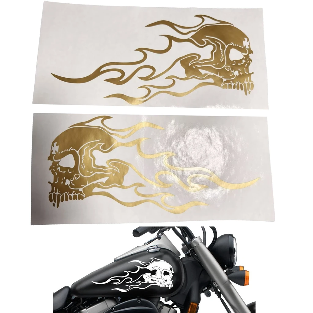 

Flaming Fanged Skull Stickers Motorcycle Gas Tank Badge Die Cut Vinyl Decal Set of 2 6" x 13"