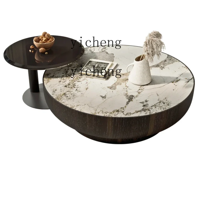 

ZK Stone Plate Coffee Table Home Small Apartment Living Room round Small Table Combination Modern Smoked Tea Table