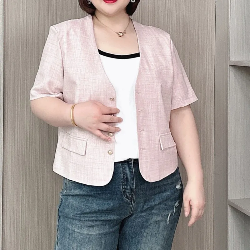 2024 New Plus Size Chic short-sleeved Blazer Women Summer Thin Casual V-Neck single-breasted Suit Jacket