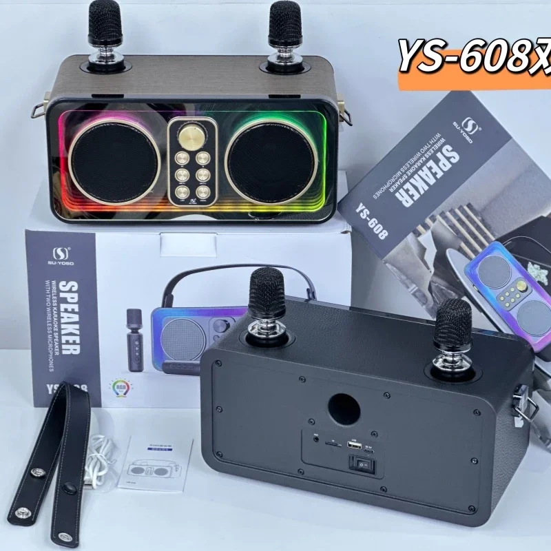 Máquina de Karaoke de 30W con 2 micrófonos inalámbricos, altavoces Bluetooth, juego KTV con efectos de lámpara de espejo RGB Abyss, micrófono de mano