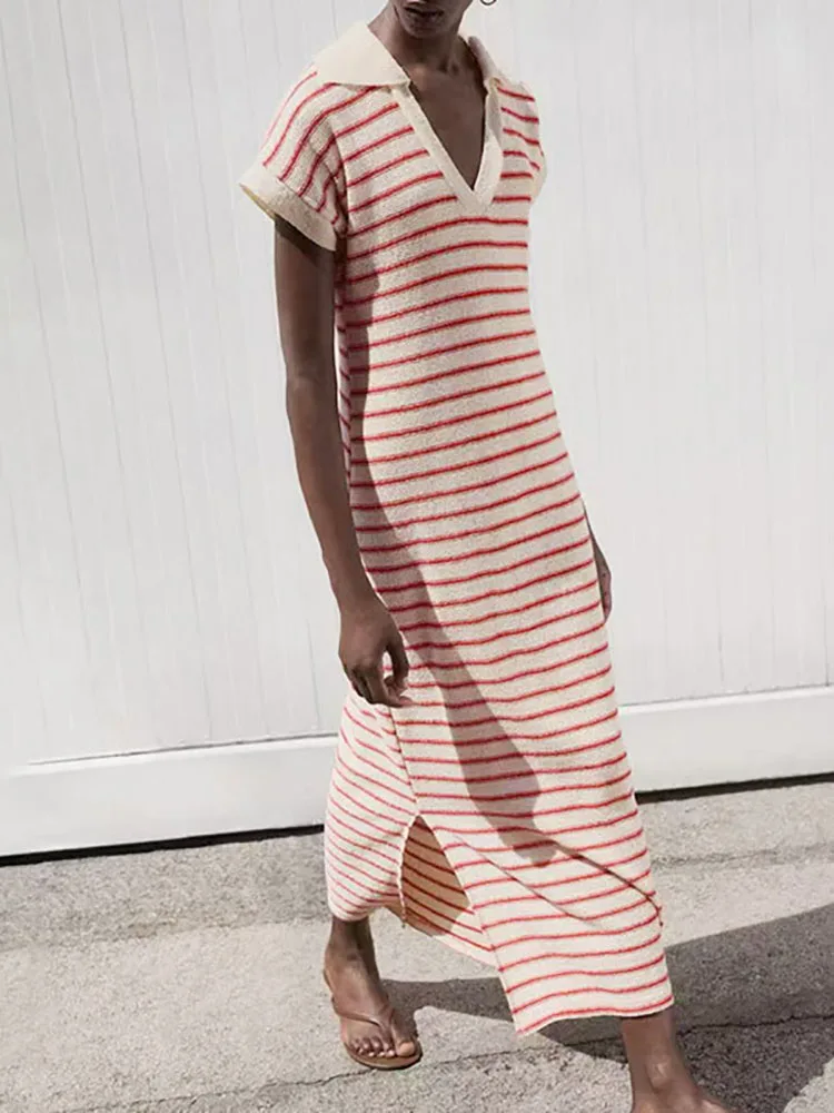 

Leisure V-neck Short Sleeved Loose Long Dress Summer Striped Printed Office Women's Dress New Elegant High Waist Knitted Dresses