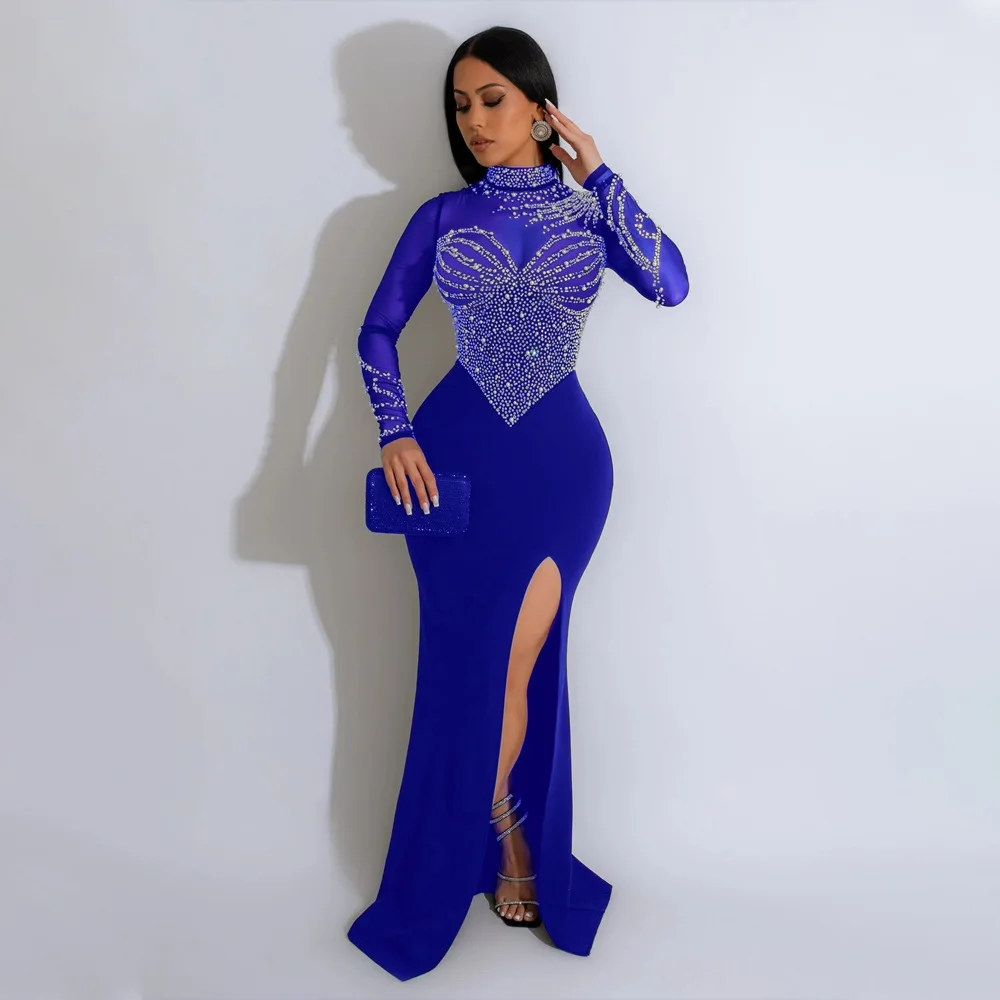 Women Dress Floor Length Dresses Round Neck Full Sleeve Party Gown Hot Drilling Hip Wrap Sexy Slim Fit Vestidos Evening